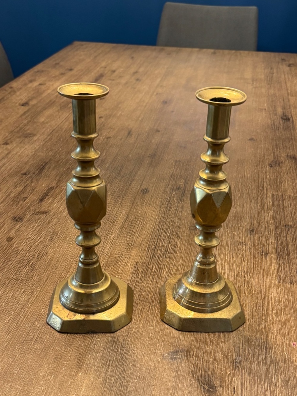 Pair of Antique Edwardian English Solid Brass "The Diamond Princess" Candlestick